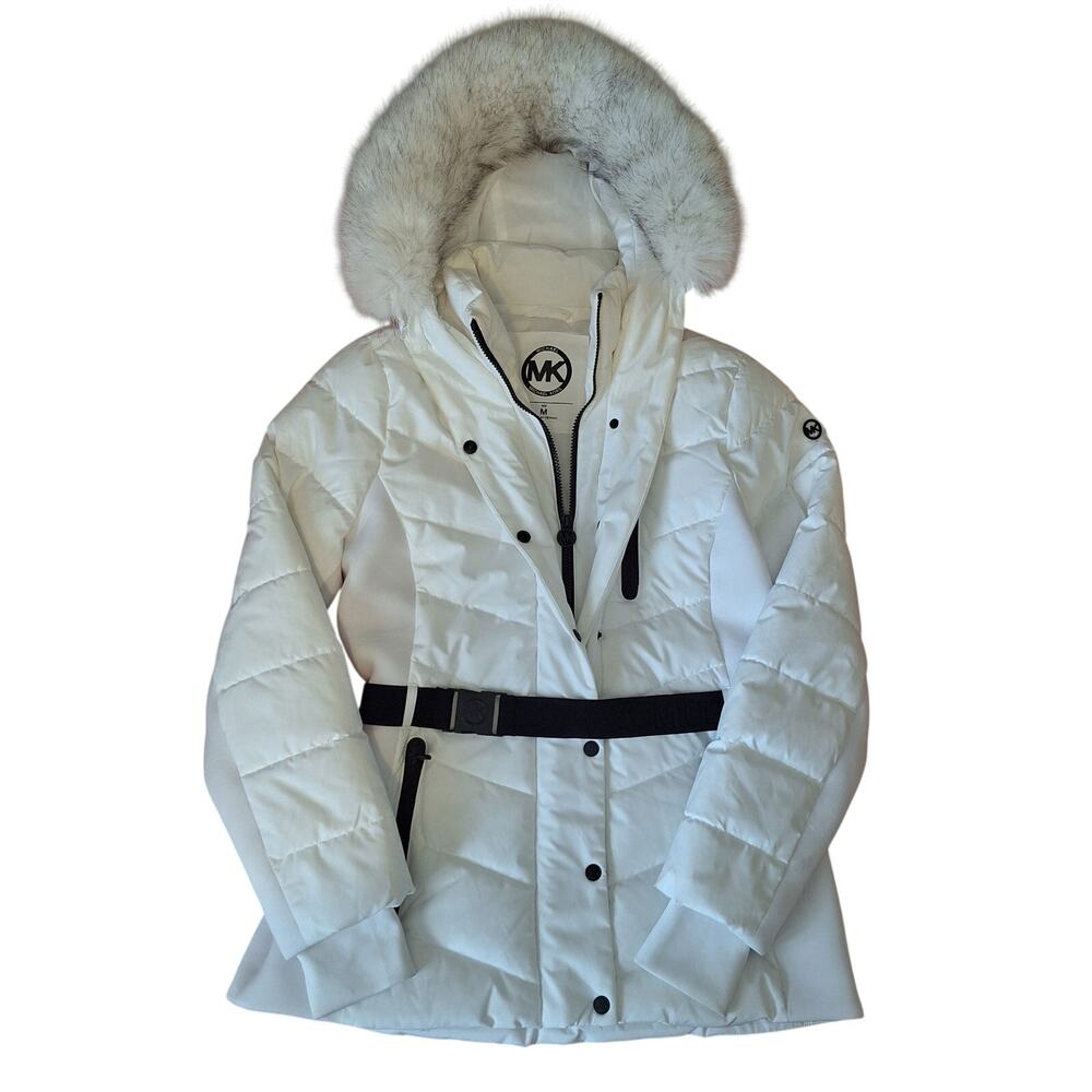 MICHAEL KORS Women's Belted Puffer Jacket White Faux Fur Hooded Coat Medium NWT
